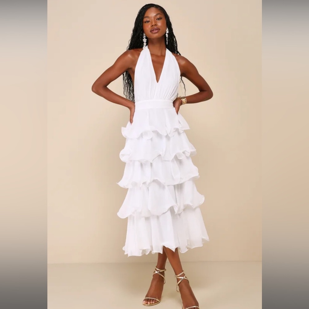 NWT Lulus Exceedingly Gorgeous White Tiered Halter Midi Dress